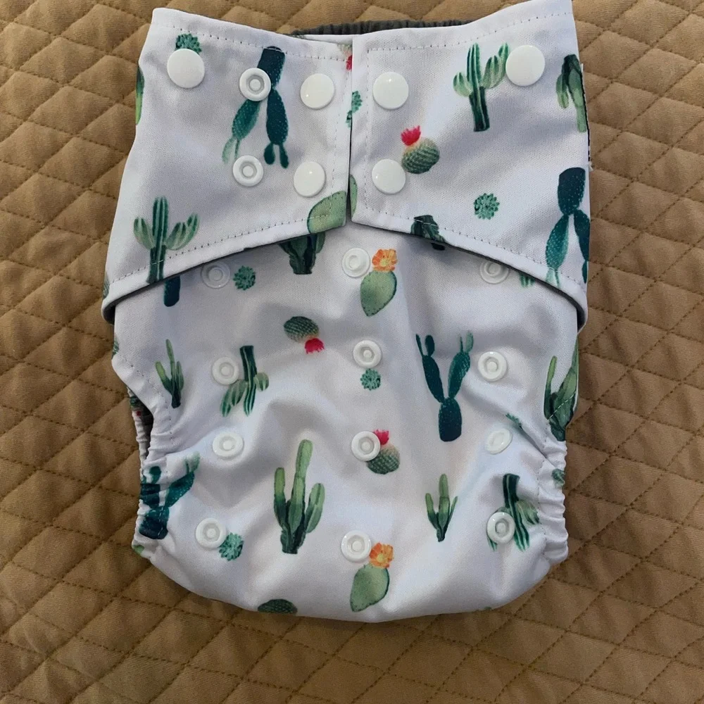 Green and White Cactus Print Diaper Cover with Adjustable Snaps